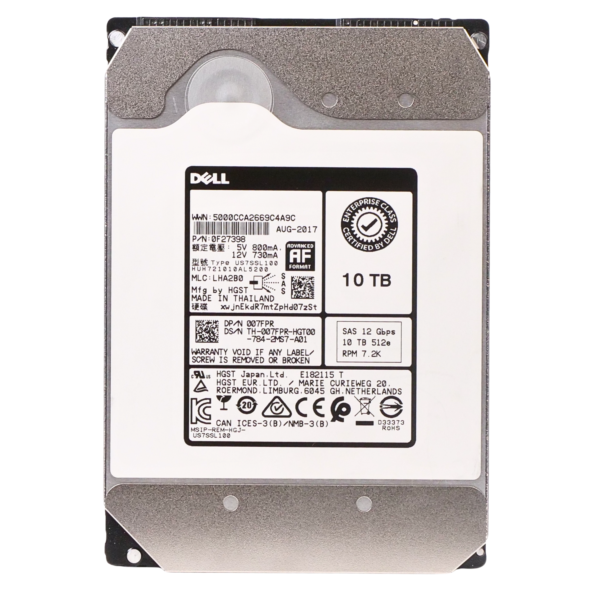 Dell/HGST Ultrastar He10 HUH721010AL5200 0F27398 10TB 7.2K RPM SAS 12Gb/s 512e 256 MB 3.5in Refurbished HDD