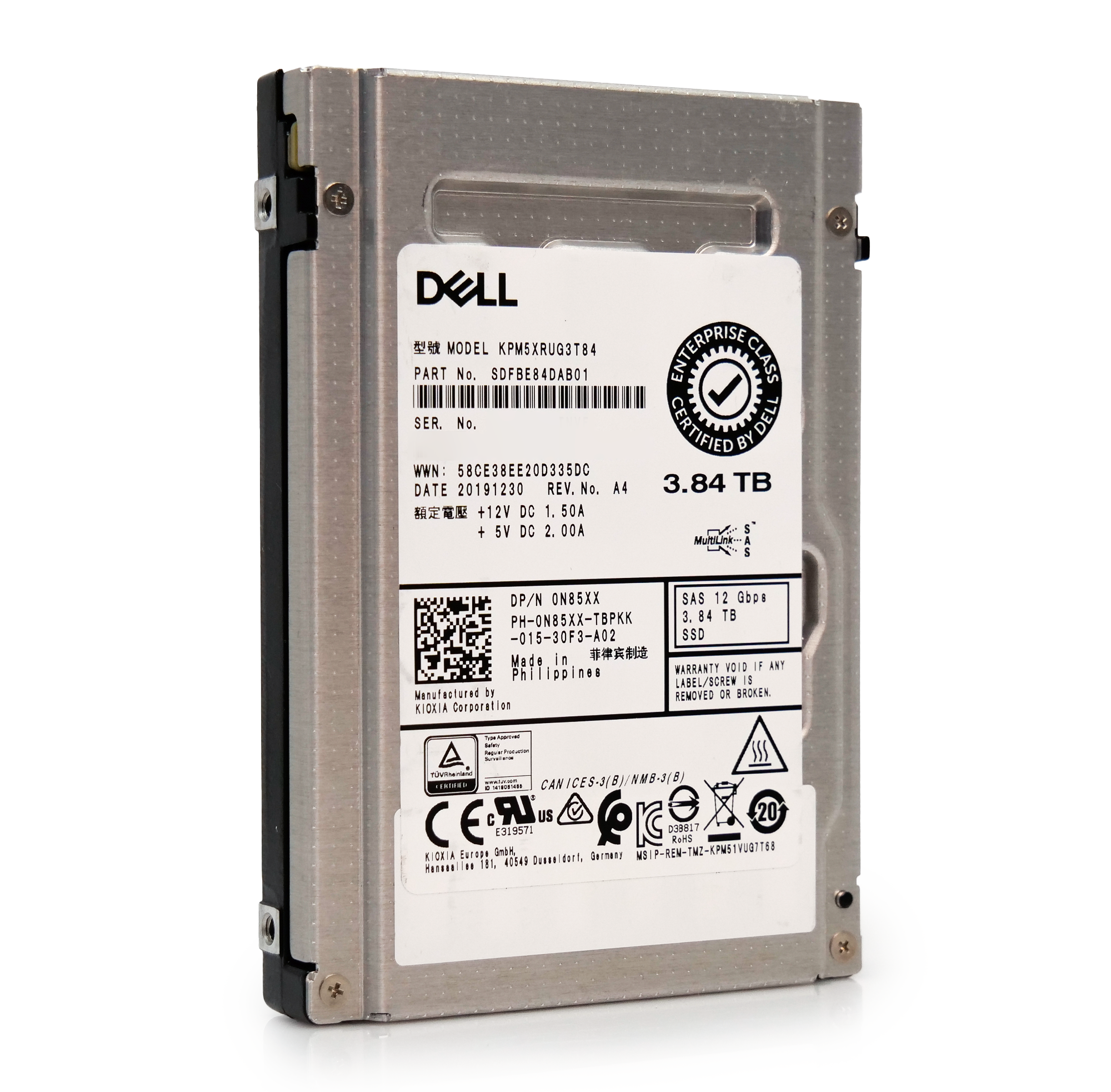 Kioxia/Dell PM5-R KPM5XRUG3T84 3.84TB 1 DWPD SAS-3 12Gb/s Read Intensive 3D TLC 2.5in Refurbished Enterprise SSD