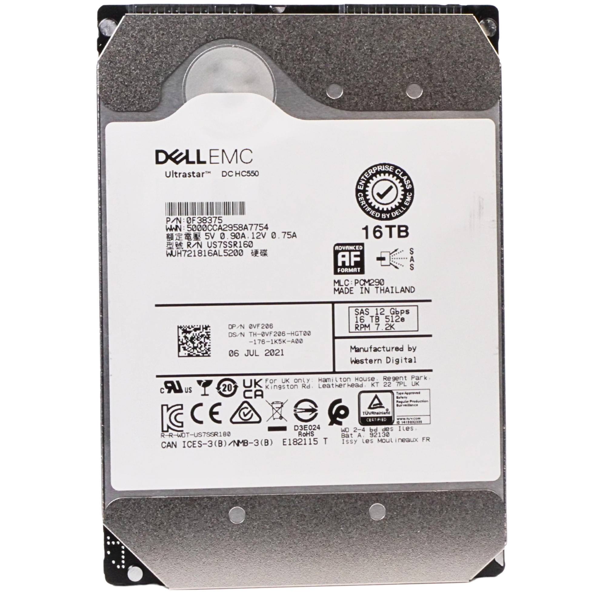 Dell/WD Ultrastar DC HC550 WUH721816AL5200 0F38375 16TB 7.2K RPM SAS 12Gb/s 512e 256MB 3.5in Refurbished HDD