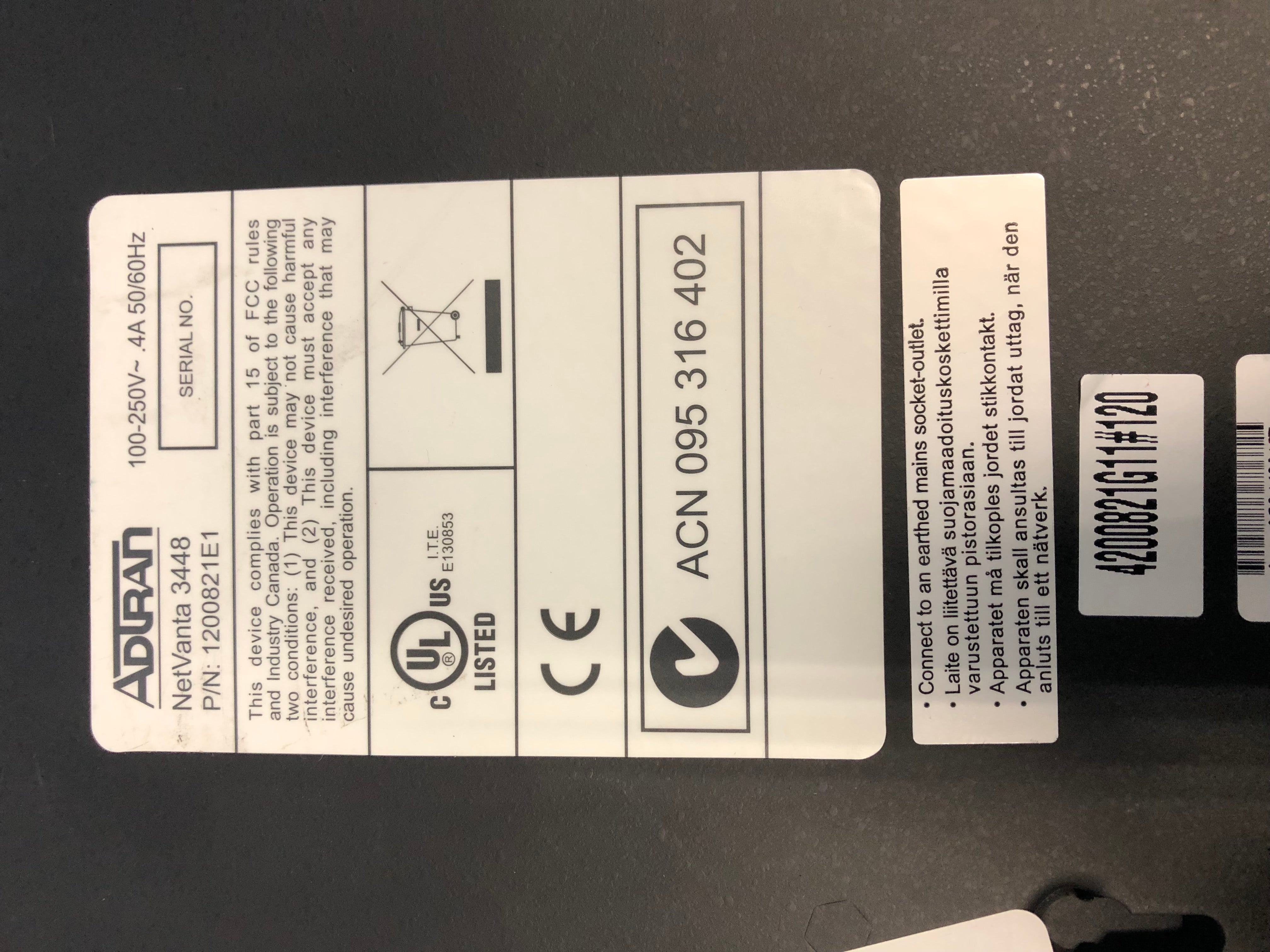 Adtran 1200821E1 NetVanta 3448 8 Port Multi Service Router No Rack Ears