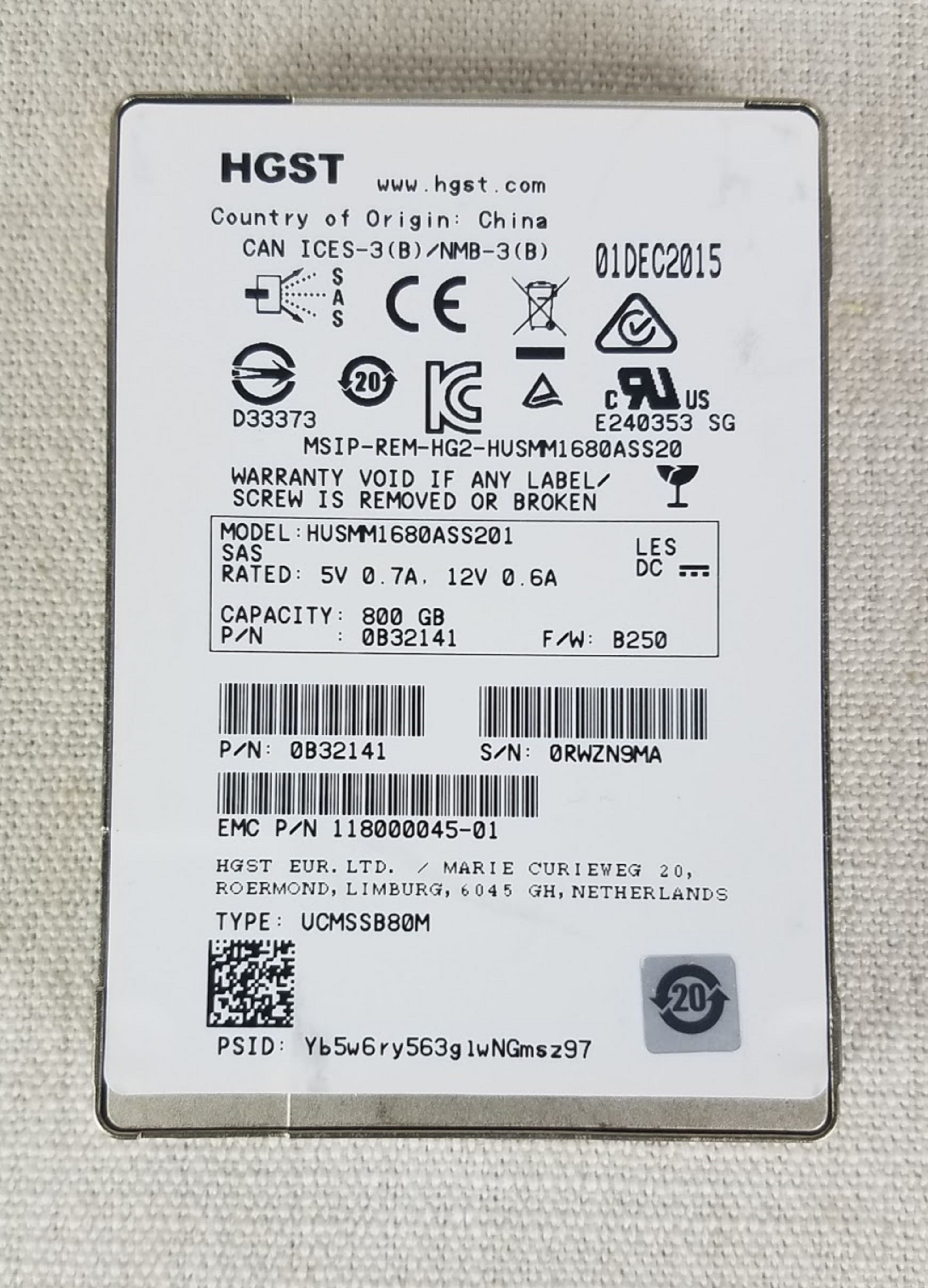 HGST 800GB SSD SAS HUSMM1680ASS205 Dell / HP - PN: 0B32141