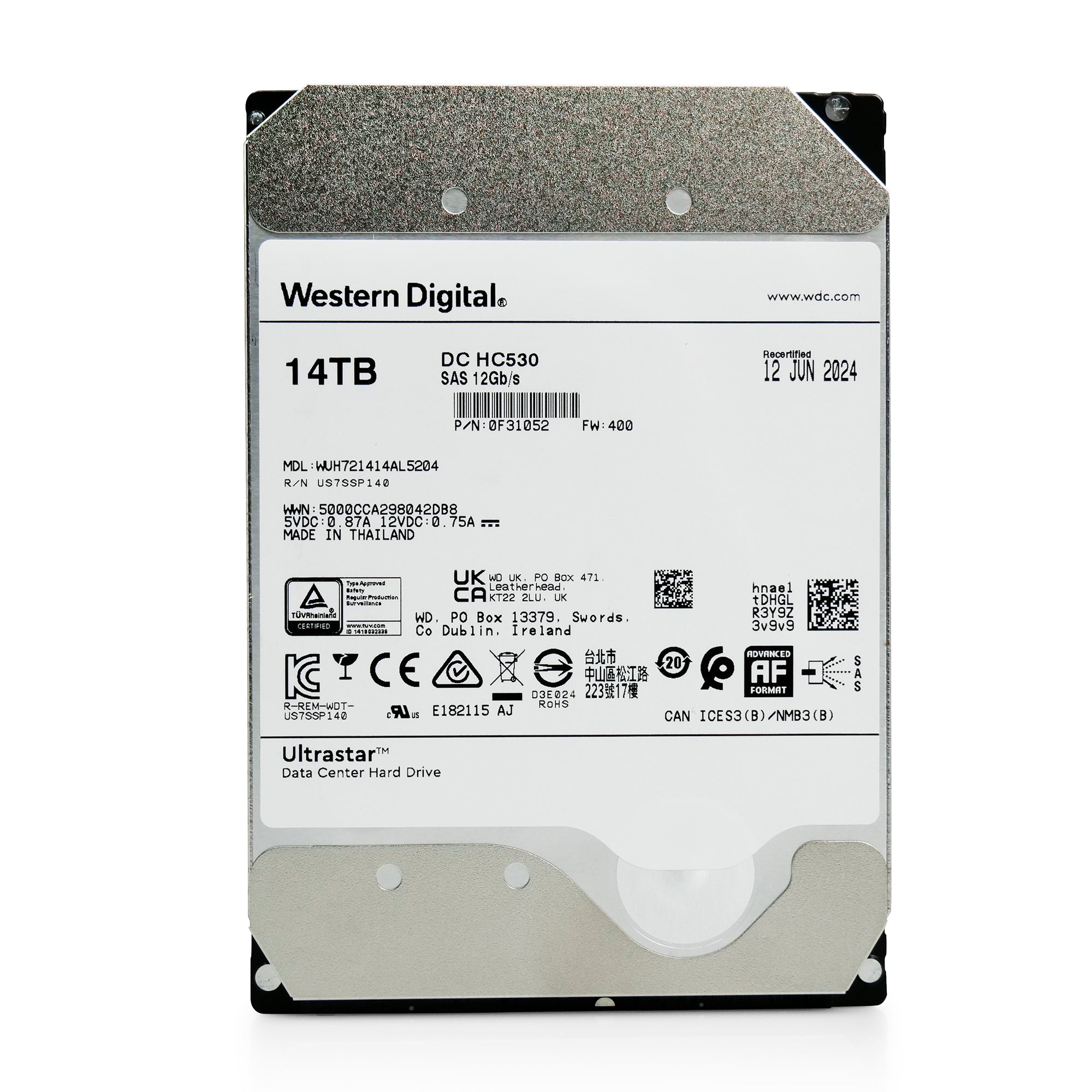 Western Digital Ultrastar DC HC530 WUH721414AL5204 0F31052 14TB 7.2K RPM SAS 12Gb/s 3.5in Recertified Hard Drive