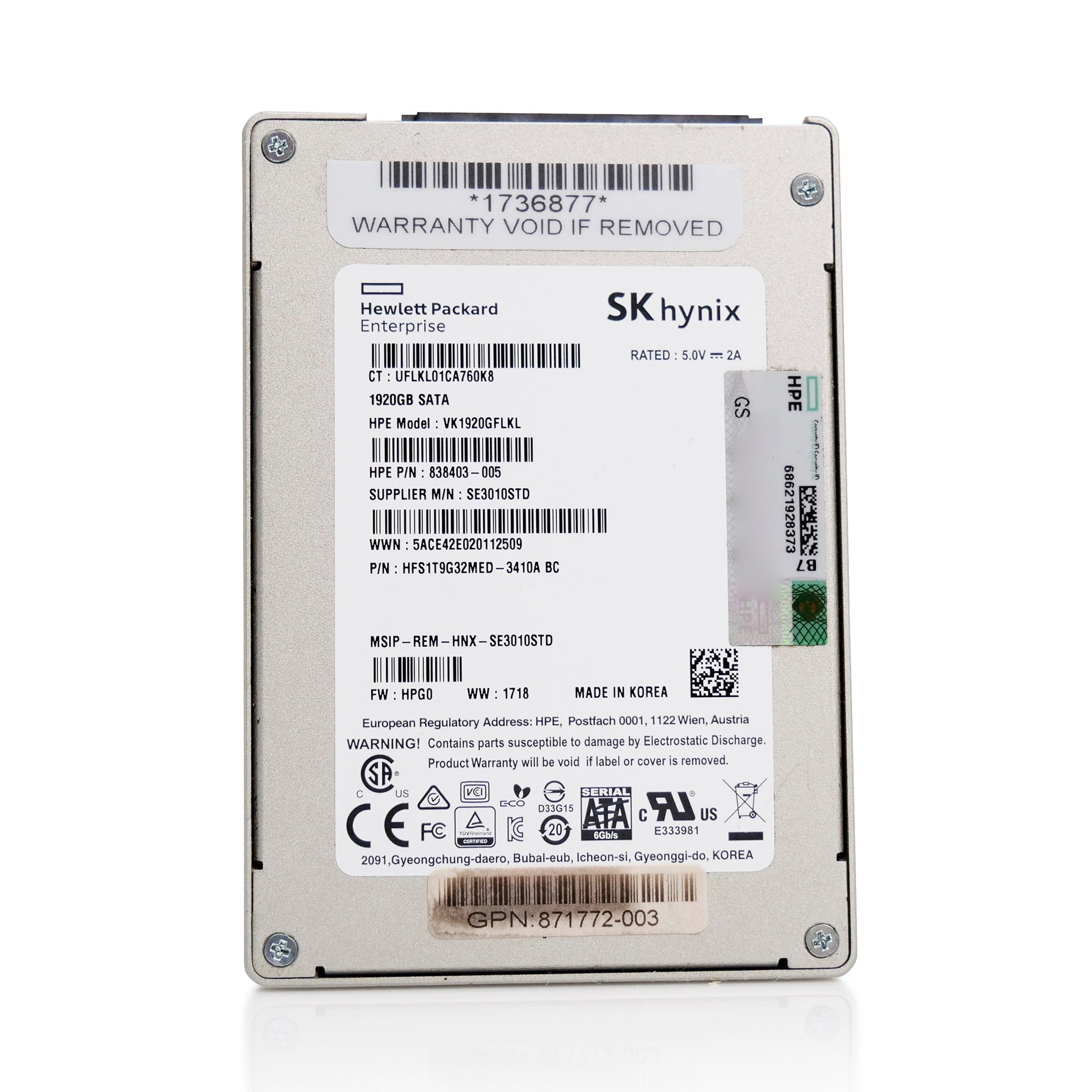 HP VK1920GFLKL 1.92TB SATA 6Gb/s 3D TLC 2.5in Refurbished SSD