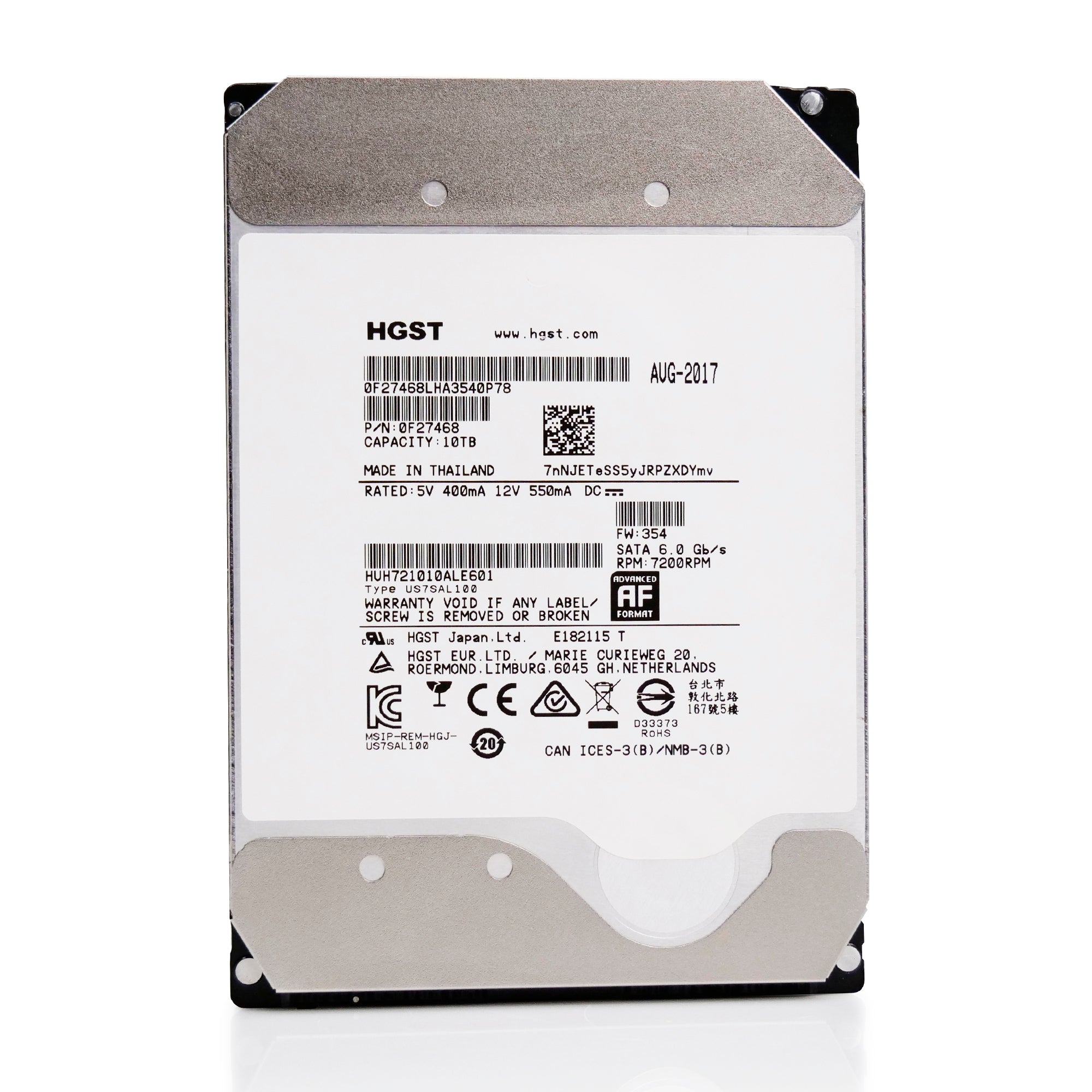 HGST/Western Digital Ultrastar DC HC510 HUH721010ALE601 0F27468 10TB 7.2K RPM SATA 6Gb/s 512e 3.5in Refurbished HDD