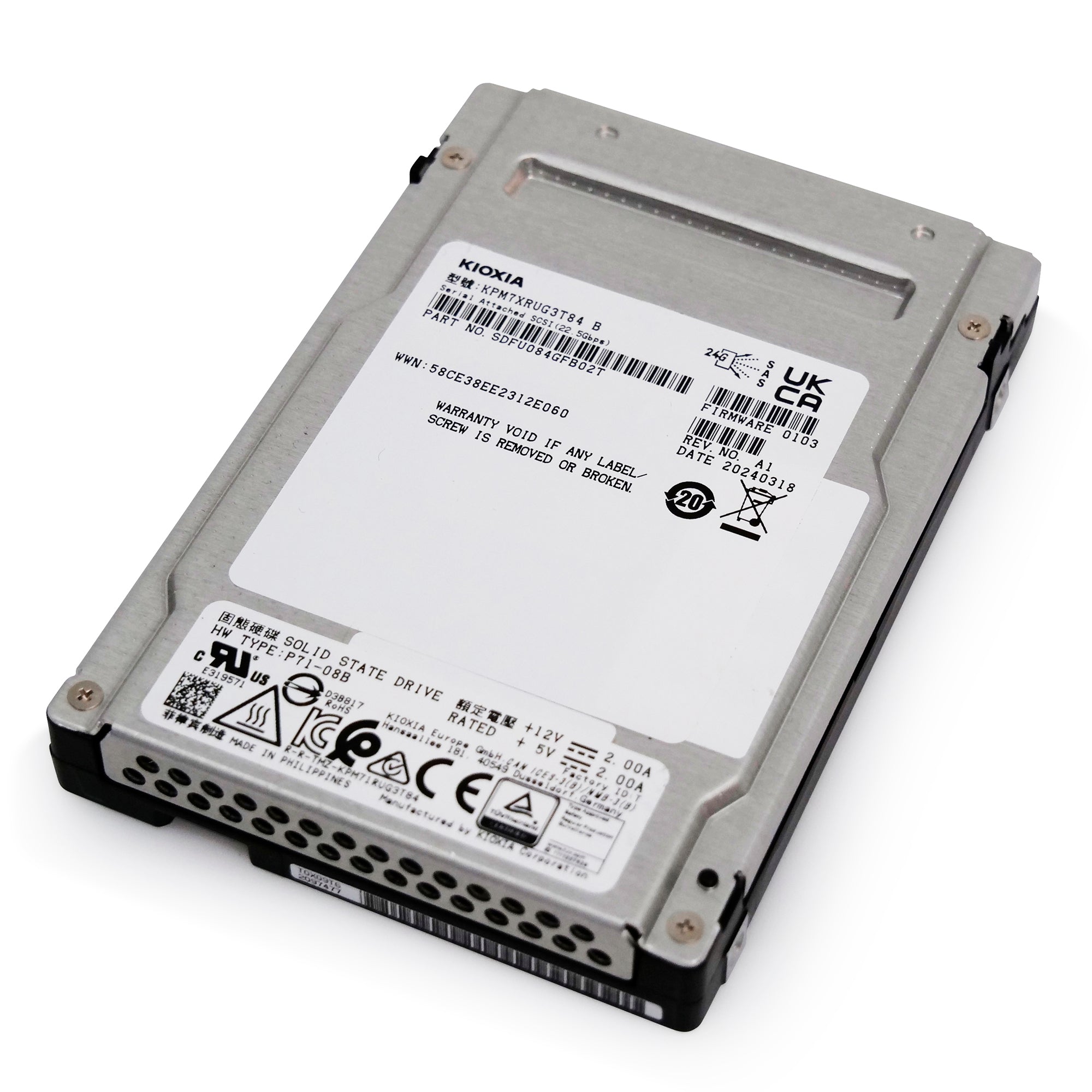 Kioxia PM7-R KPM7XRUG3T84 3.84TB 1DWPD SAS 24Gb/s 3D TLC 2.5in Recertified Solid State Drive