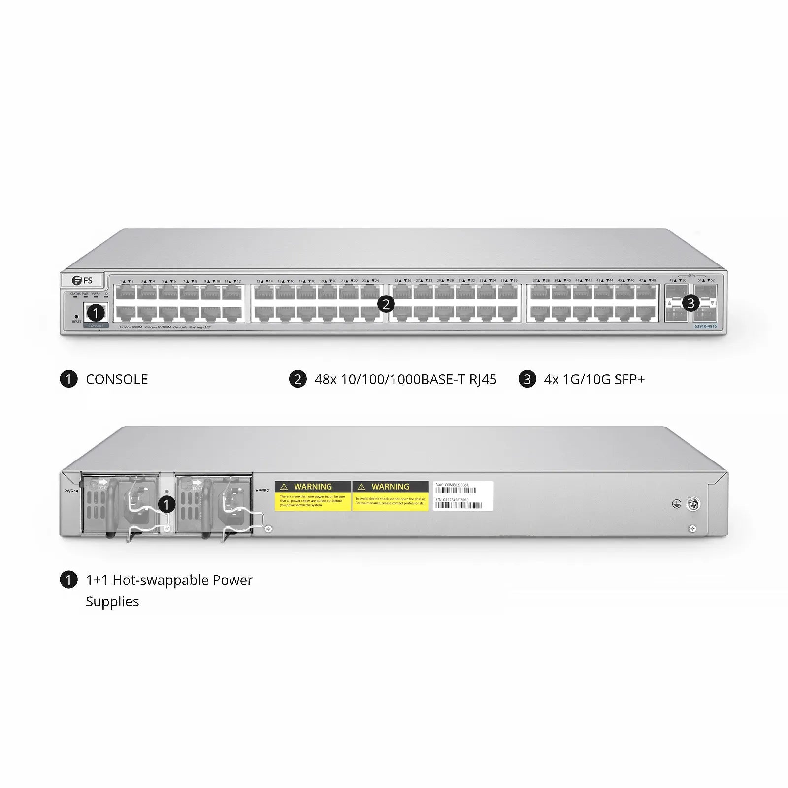 S3910-48TS, 48-Port Gigabit Ethernet L2+ Switch, 48 x Gigabit RJ45, with 4 x 10Gb SFP+ Uplinks, Stackable Switch, Broadcom Chip