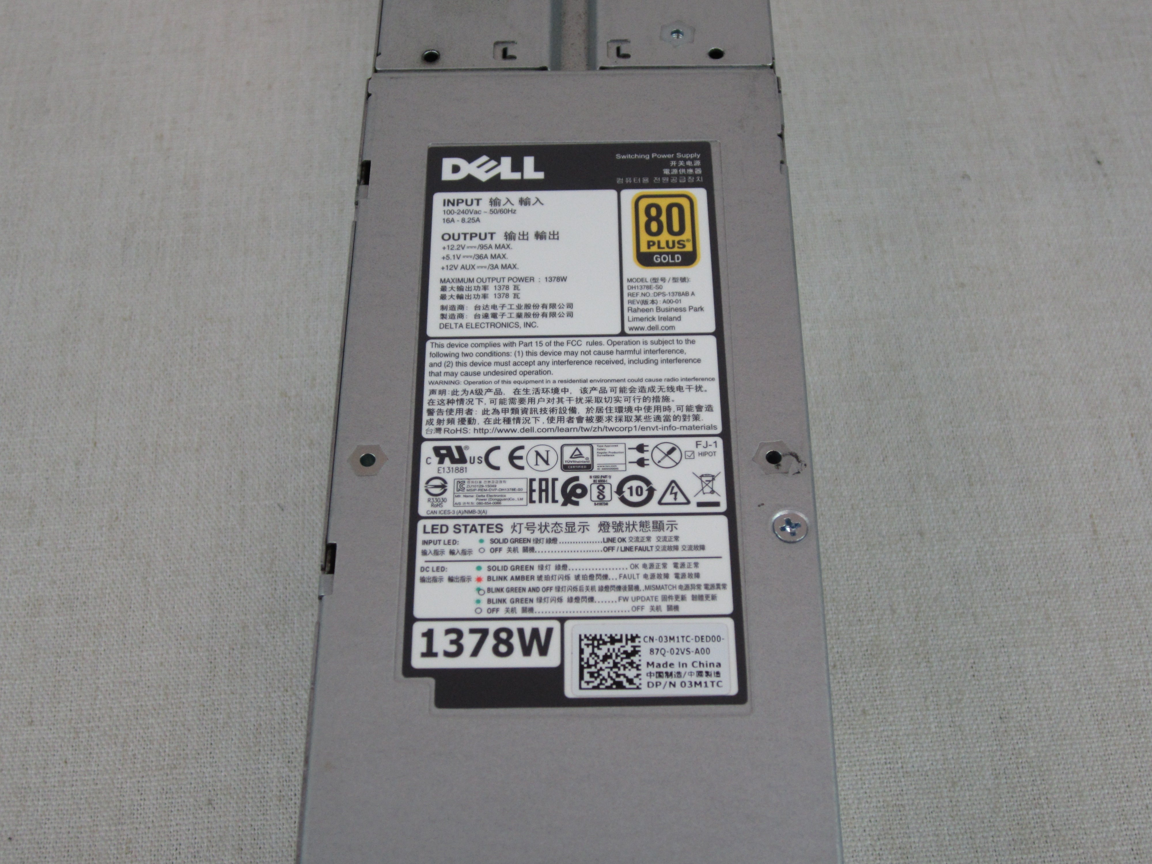 Dell 3M1TC 1378W Power Supply Module for Compellent SCv3020 SC5020 SC7020
