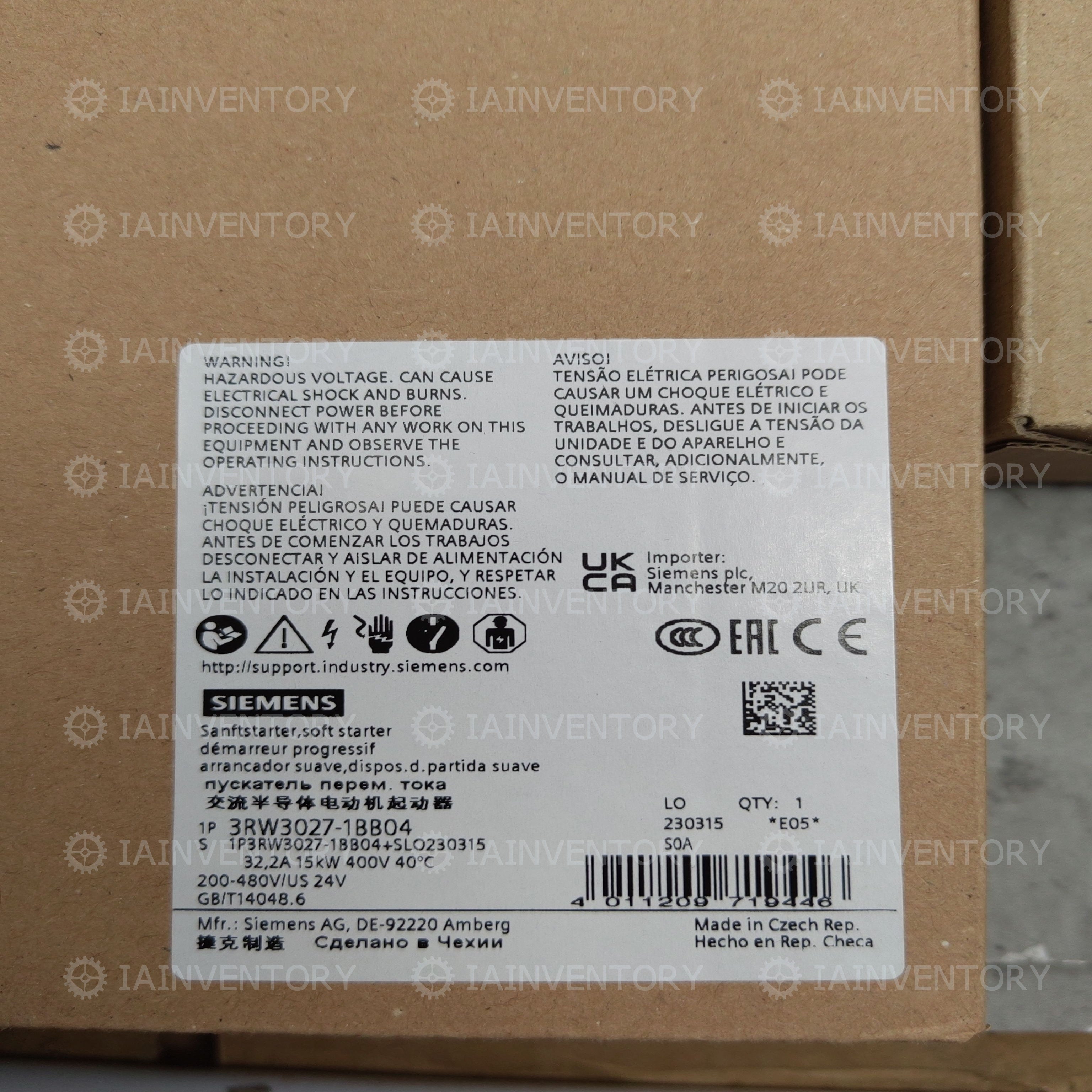SIEMENS 3RW3027-1BB04 SOFT STARTER 32A 15KW/400V 200-480V AC 24V AC/DC