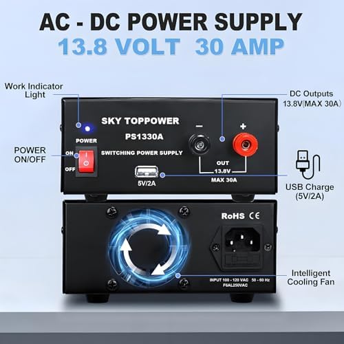 13.8V 30A DC Power Supply for Ham Radio,30 Amp Compact Regulated Bench Power Supply Lab Benchtop AC to DC Converter,Cooling Fan,5V 2A USB Interface,Powering Ham Radio, Amplifiers,SKY TOPPOWER PS1330A