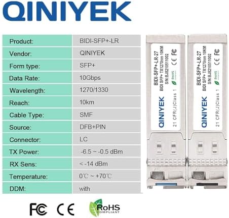 A Pair 10G BIDI SFP+ Single Mode Fiber Module, 10Gb SFP+ LC LR 1270nm 1330nm, Bidi Gbic for Cisco SFP-10G-BXD-I (1330nm-TX/1270nm-RX) / SFP-10G-BXU-I (1270nm-TX/1330nm-RX),10~20KM, with DOM|B0CYC6P6KF
