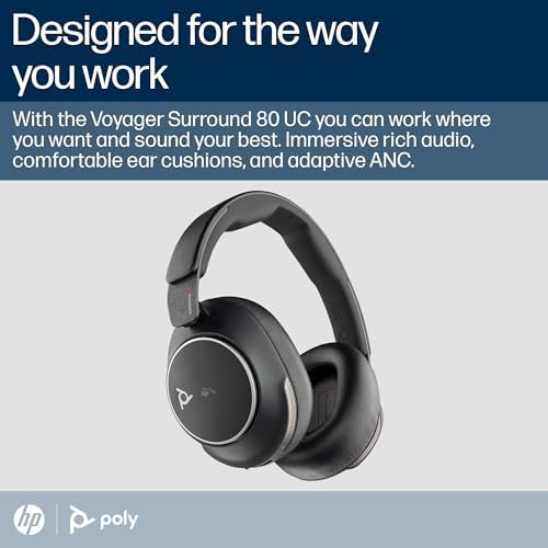 Poly Voyager Surround 80 UC Bluetooth Headset (Plantronics) – Noise-Canceling Mics for Clear Calls – Adaptive ANC – Works w/iPhone, Android, PC/Mac, Zoom, Microsoft Teams (Certified) –Amazon Exclusive|B0BW4XP541