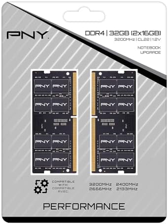 PNY Performance 32GB (2x16GB DDR4 DRAM 3200MHz (PC4-25600 CL22 (Compatible with 2933MHz, 2666MHz, 2400MHz or 2133MHz 1.2V Notebook/Laptop (SODIMM Computer Memory Kit – MN32GK2D43200-TB
