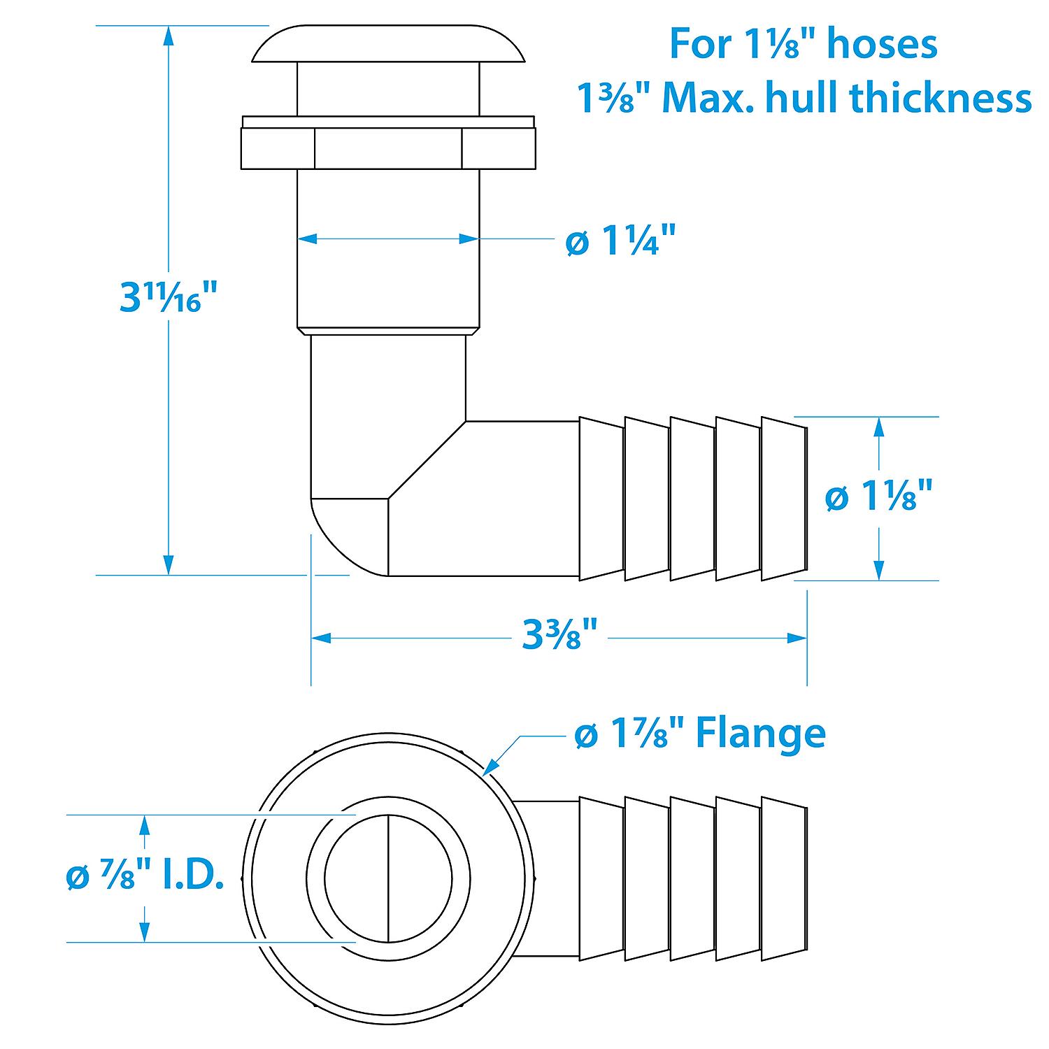 Seachoice 50-18561 90-Degree Thru-Hull Connector, Fits 1-1/8 In. ID Hose, 1-3/8 In. Max Hull