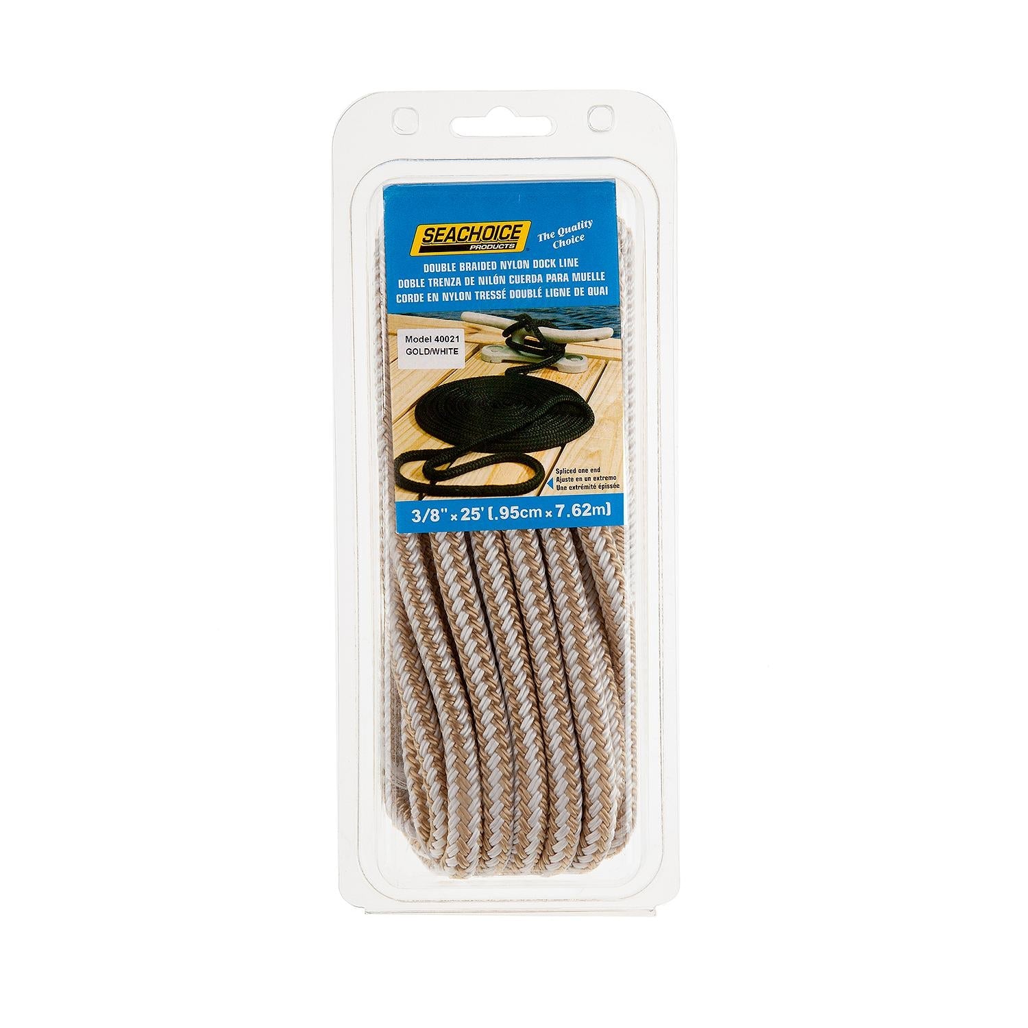 Seachoice Double-Braid Nylon Dock Line w/ Eye Splice, Pre-Shrunk, Heat Stabilized, 3/8 In. X 25 Ft., Gold White