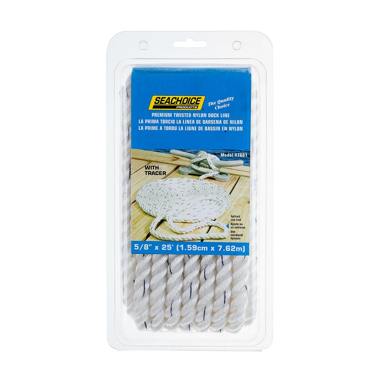 Seachoice 47601 Premium 3-Strand Twisted Nylon Dock Line, White w/ Blue Tracer, 5/8" x 25'