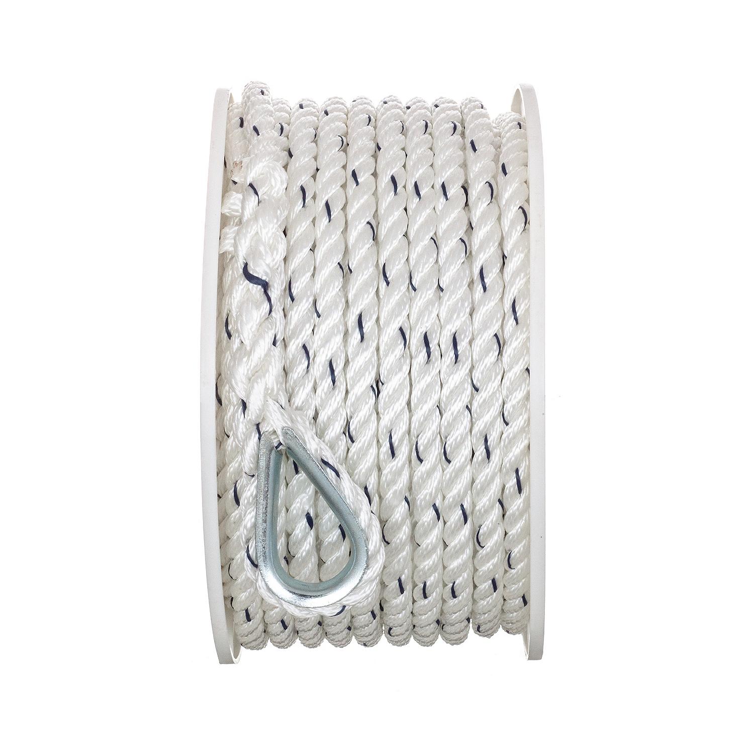 Seachoice 47711 Premium 3-Strand Twisted Nylon Anchor Line White w/ Blue Tracer, 3/8" x 100'
