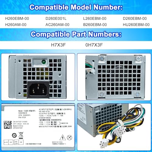 Upgraded H260EBM-00 260W Power Supply PSU Compatible with Dell Optiplex 3050 3060 3050M 5050 5060 7050 7060 7080 3080 5080 5090 7090 7080MT H7X3F H260EBM-00 Switching Power Supply,Connector: 6Pin+4Pin|B0DMW4VHT6