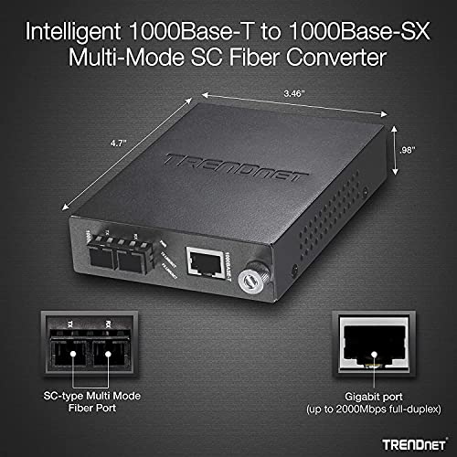 TRENDnet Intelligent 1000Base-T to 1000Base-SX Multi-Mode SC Fiber Media Converter, Up to 550M (1800 ft, Fiber to Ethernet Converter, 2Gbps Switching Capacity, Lifetime Protection, Black, TFC-1000MSC