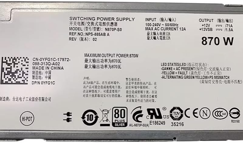 N870P-S0 A870P-00 0YFG1C 870W 12V 71A Original for R710 Server Power Supply NPS-885AB A YFG1C 7NVX8 07NVX8