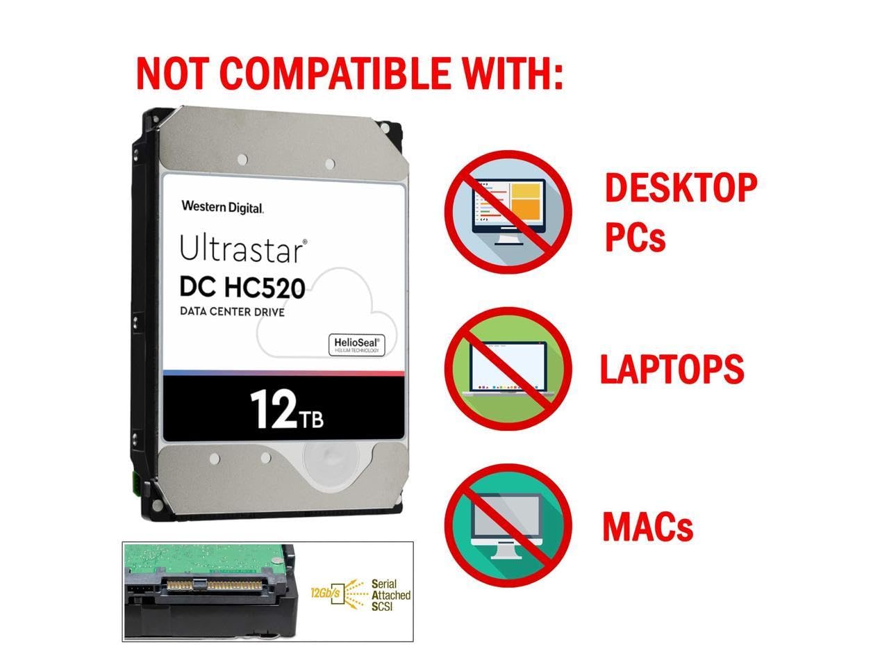 HGST WD Ultrastar DC HC520 HUH721212AL4200 12TB HDD 7200 RPM SAS 12Gb/s Interface 4Kn ISE 3.5-Inch Helium Data Center Enterprise Internal Hard Disk Drive, Model: 0F29560
