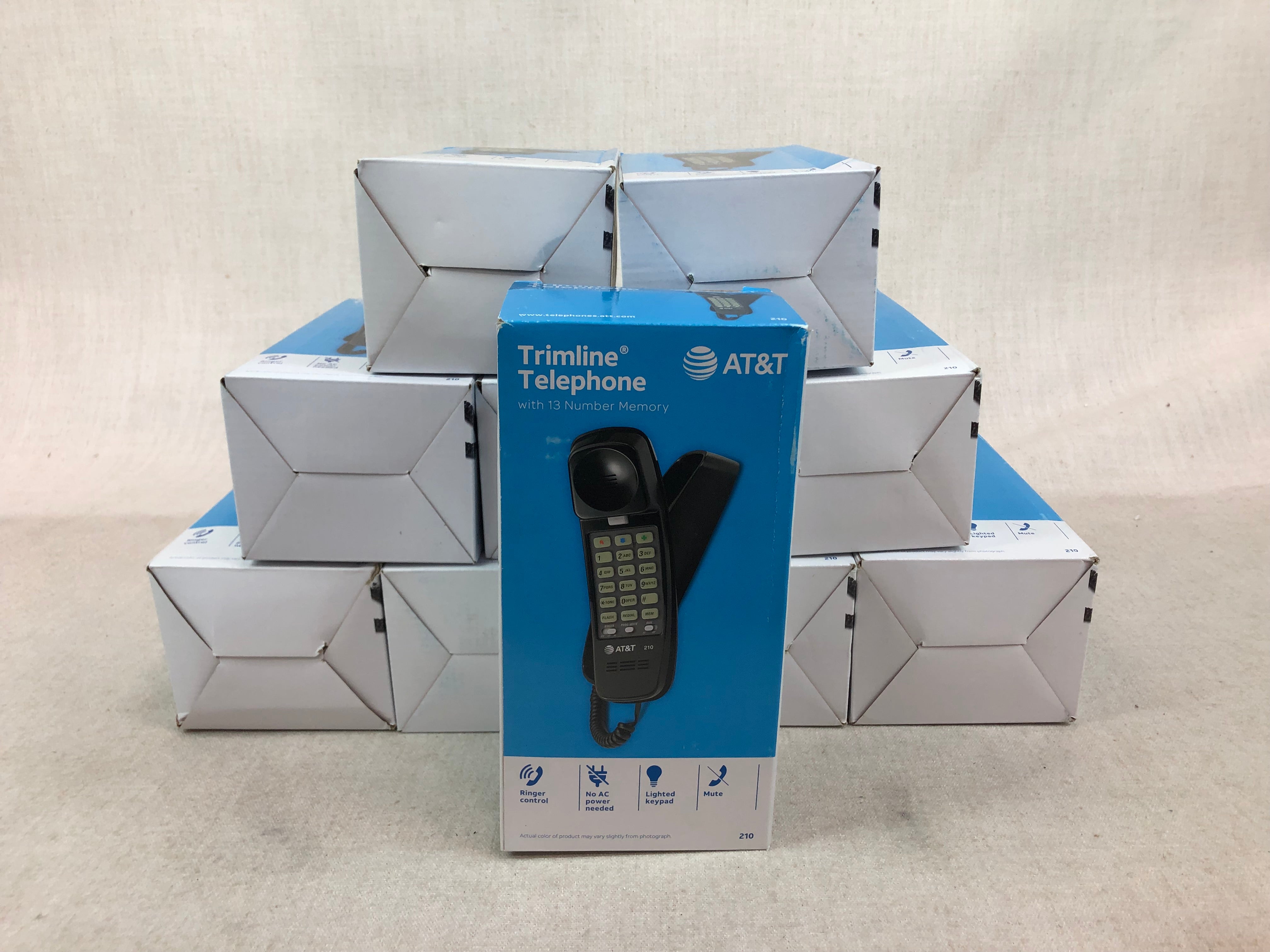 Lot of 10 New Open Box AT&T Trimline Telephone, 210, black, 13 number memory
