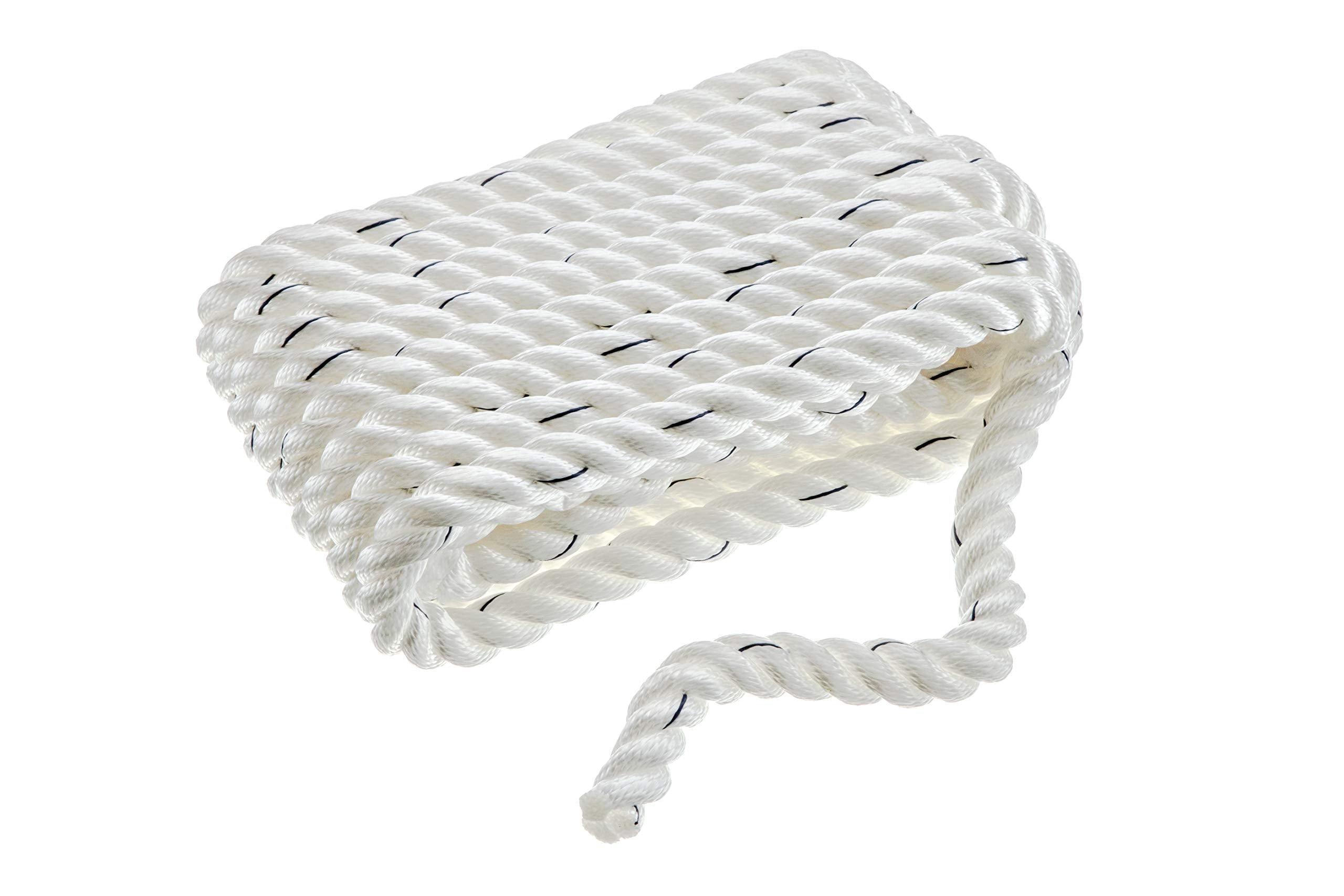 Seachoice 47631 Premium 3 Strand Twisted Nylon Dock Line, White w/ Blue Tracer, 3/4" x 25'