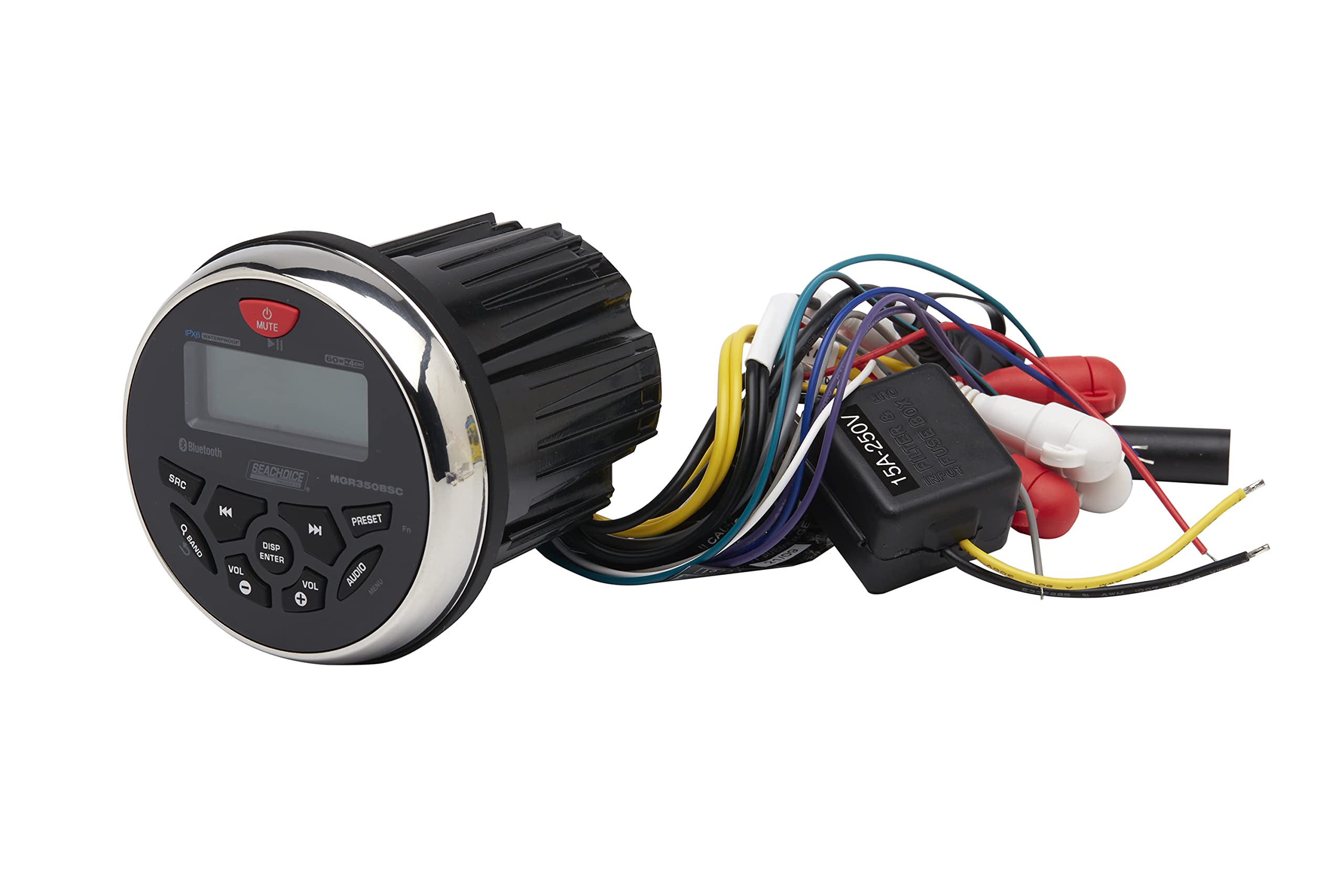 Seachoice MGR350BSC 72104 Bluetooth In-Dash Marine Gauge Stereo, Round Face
