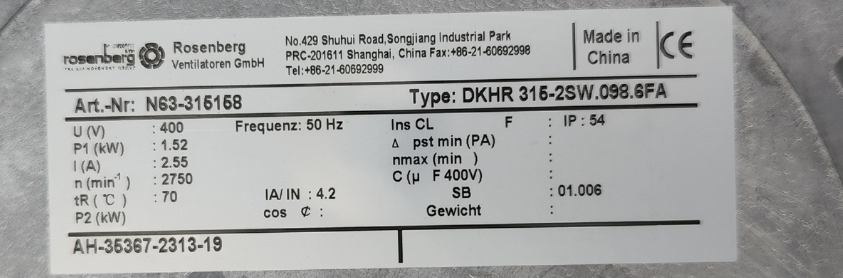 Rosenberg DKHR315-2SW.098.6FA 400V 2.55A 1.52KW 2750rpm Centrifugal Cooling Fan