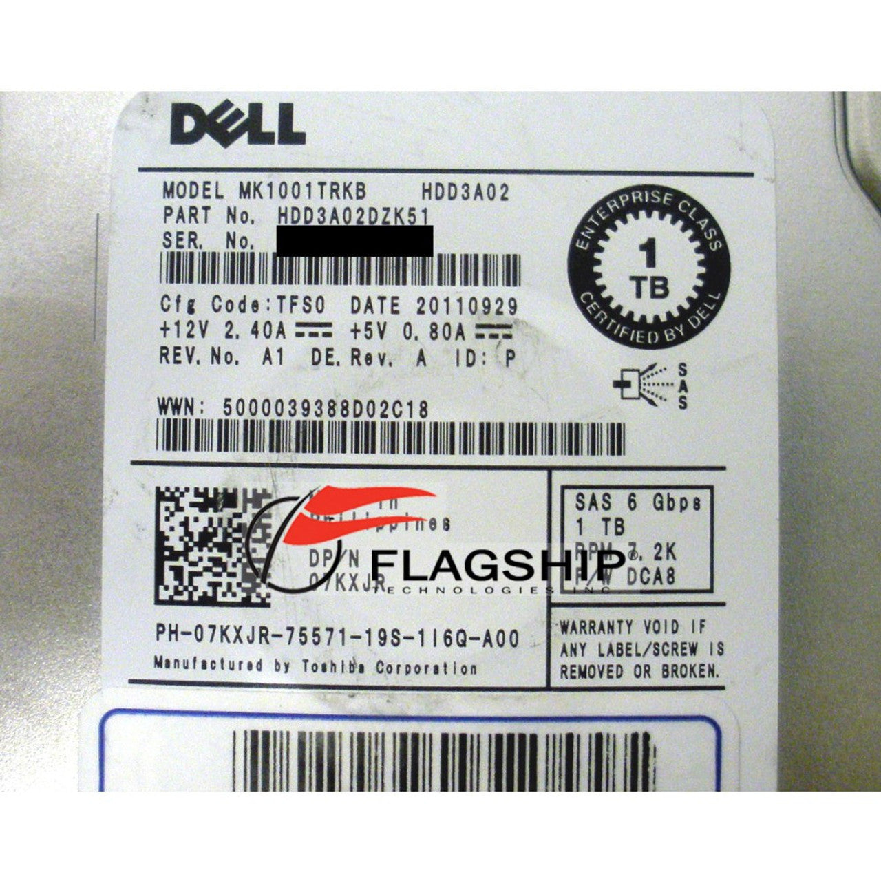 Dell 7KXJR Hard Drive 1TB 7.2K SAS 3.5in