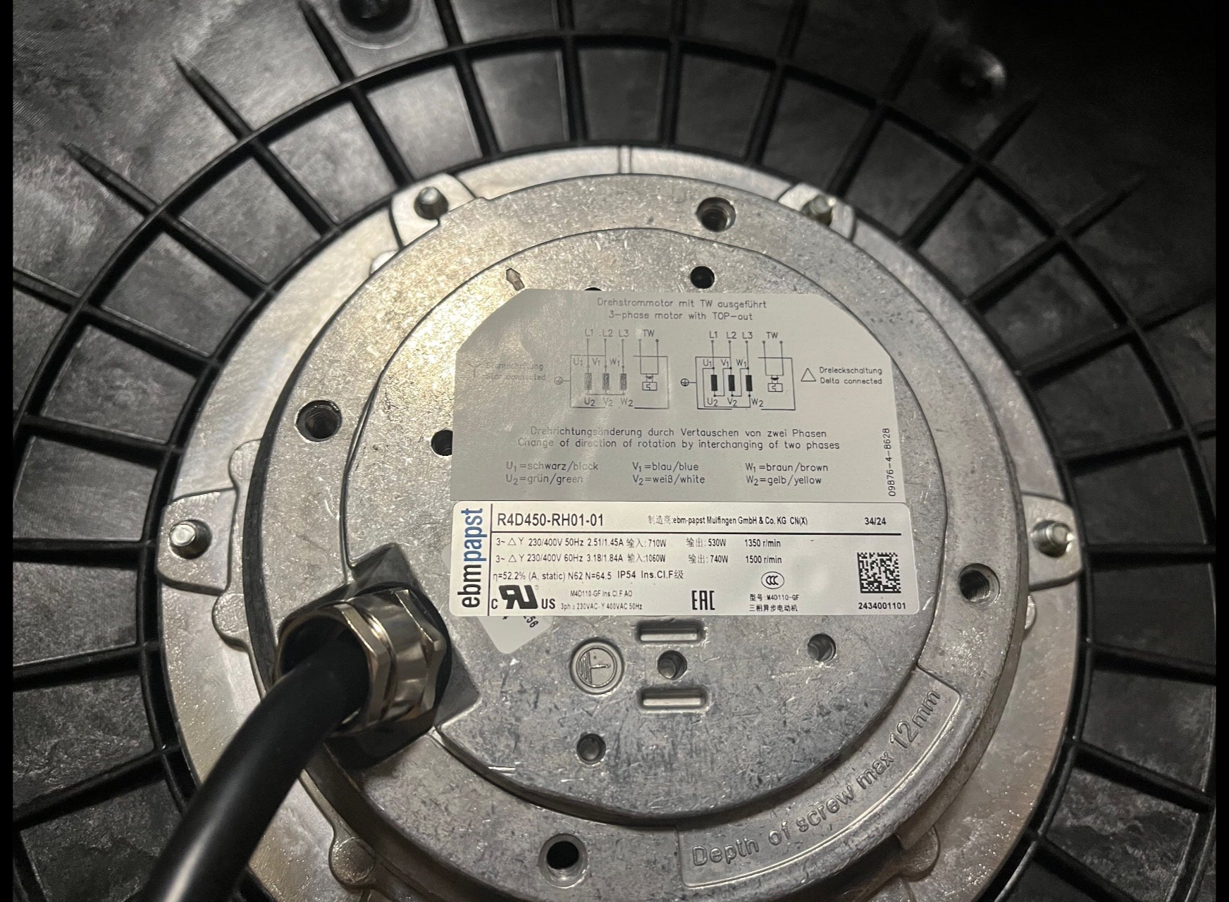 Ebmpapst R4D450-RH01-01 Centrifugal Centrifugal Fan 3~230-400-480V 710/1060/1140W 2.51/3.18/3.05/1.45/1.84/1.76A 710/1060/1140W
