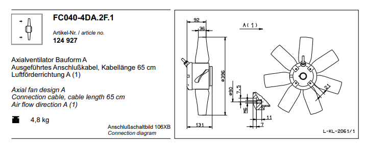 FC040-4DA.2F.1 ZIEHL-ABEGG Axial Fan 3~400V 0.28 kW 0.6A 1380 rpm