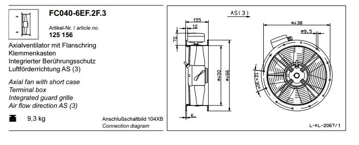 FC040-6EF.2F.3 ZIEHL-ABEGG Axial Fan 230V 0.13 kW 0.6A 940 rpm