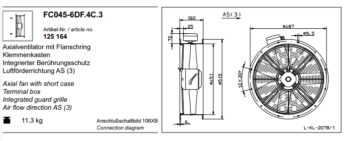 FC045-6DF.4C.3 ZIEHL-ABEGG Axial Fan 300~400V 0.125 kW 0.35A 940 rpm