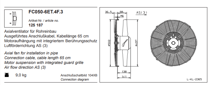 FC050-6ET.4F.3 ZIEHL-ABEGG Axial Fan 230V 0.2KW 0.96 A 920 rpm