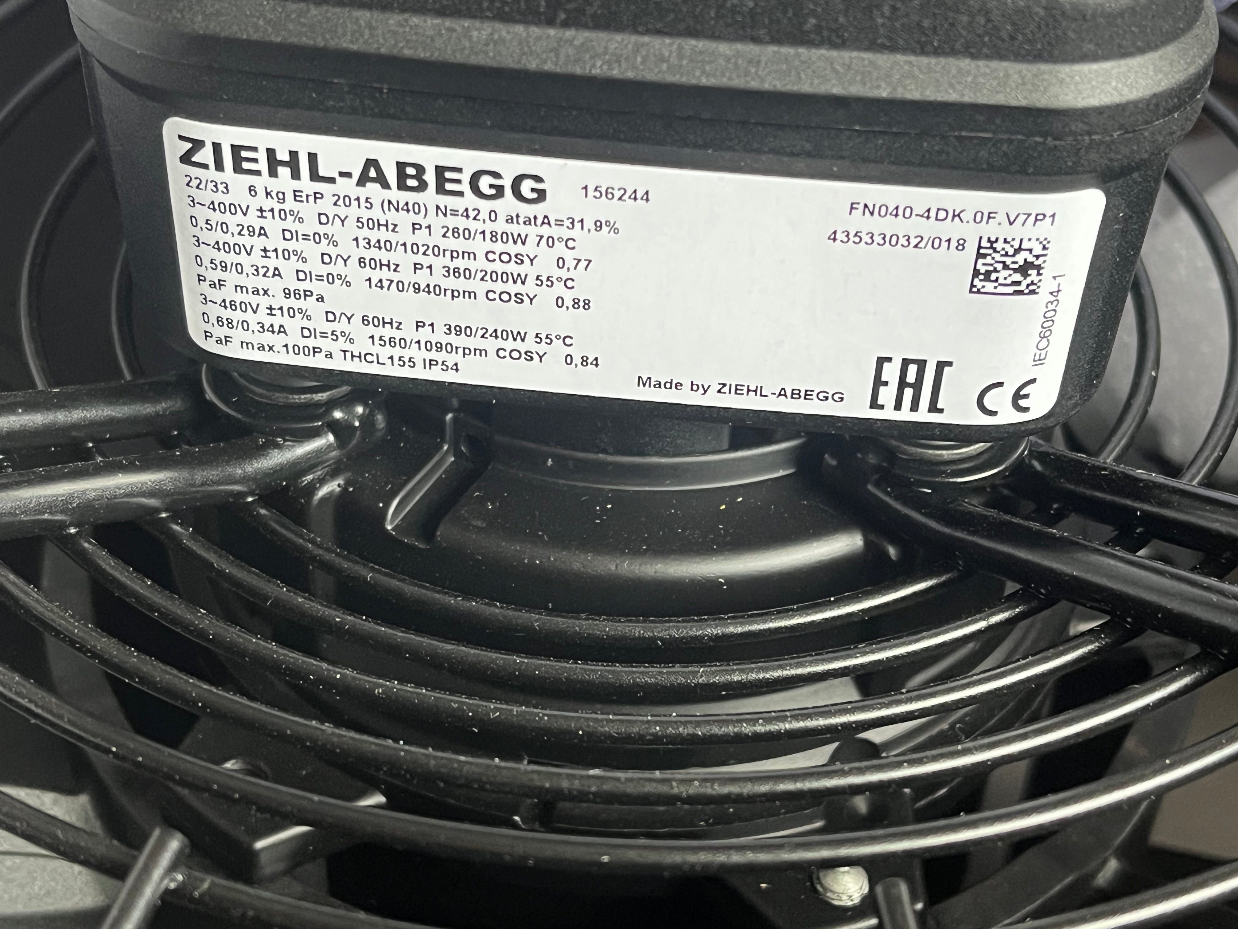 FN040-4DK.0F.V7P1 400V 0.38/0.18kW 0.29/0.68A 1020/1560rpm ZIEHL-ABEGG Axial Fan