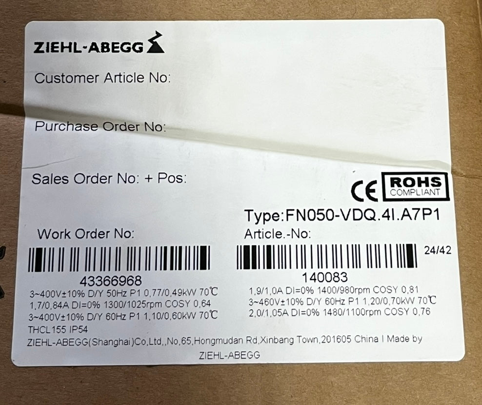FN050-VDQ.41.A7P1 ZIEHL-ABEGG Axial Fan 400V 0.83/0.55kW 1.45/0.97A 1330/940rpm