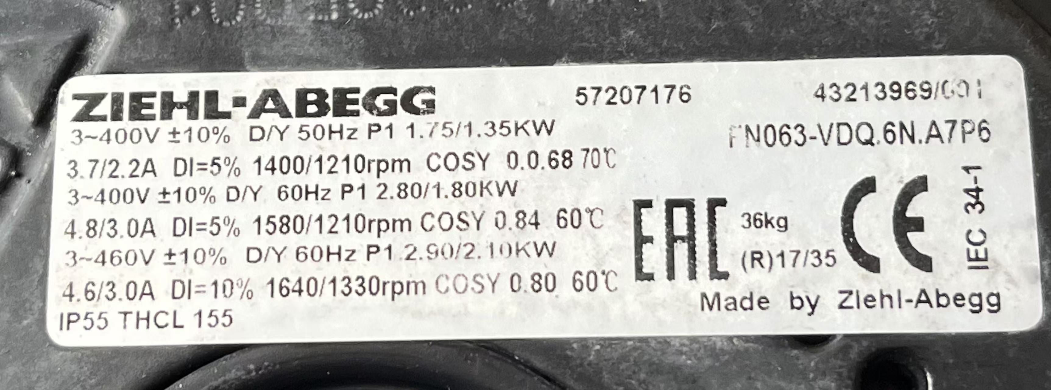 FN063-VDQ.6N.A7P6 ZIEHL-ABEGG Axial Fan 3~460V 1.35/2.9 kW 2.2/4.6 A