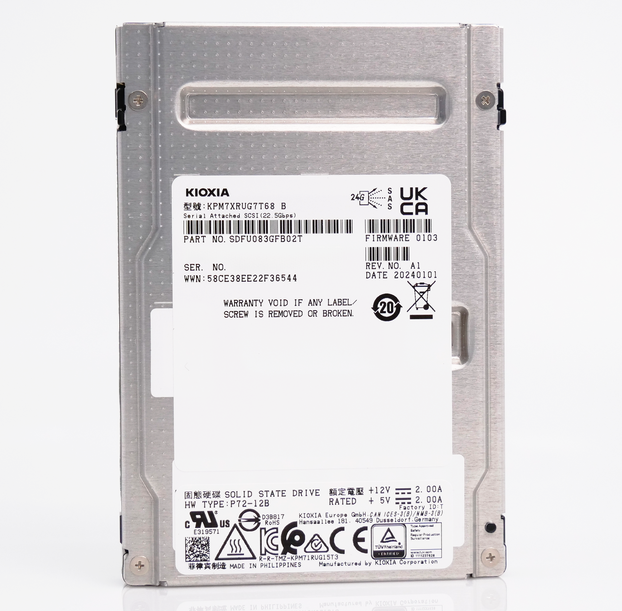 Kioxia PM7-R KPM7XRUG7T68 7.68TB 1 DWPD SAS-4 25Gb/s Read Intensive TLC 2.5in Enterprise Solid State Drive