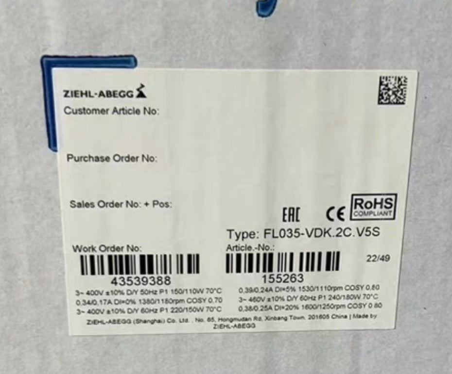 FL035-VDK.2C.V5S ZIEHL-ABEGG Axial Fan 3~400V 0.15/0.11kW 0.34/0.17A 1380/1180rpm