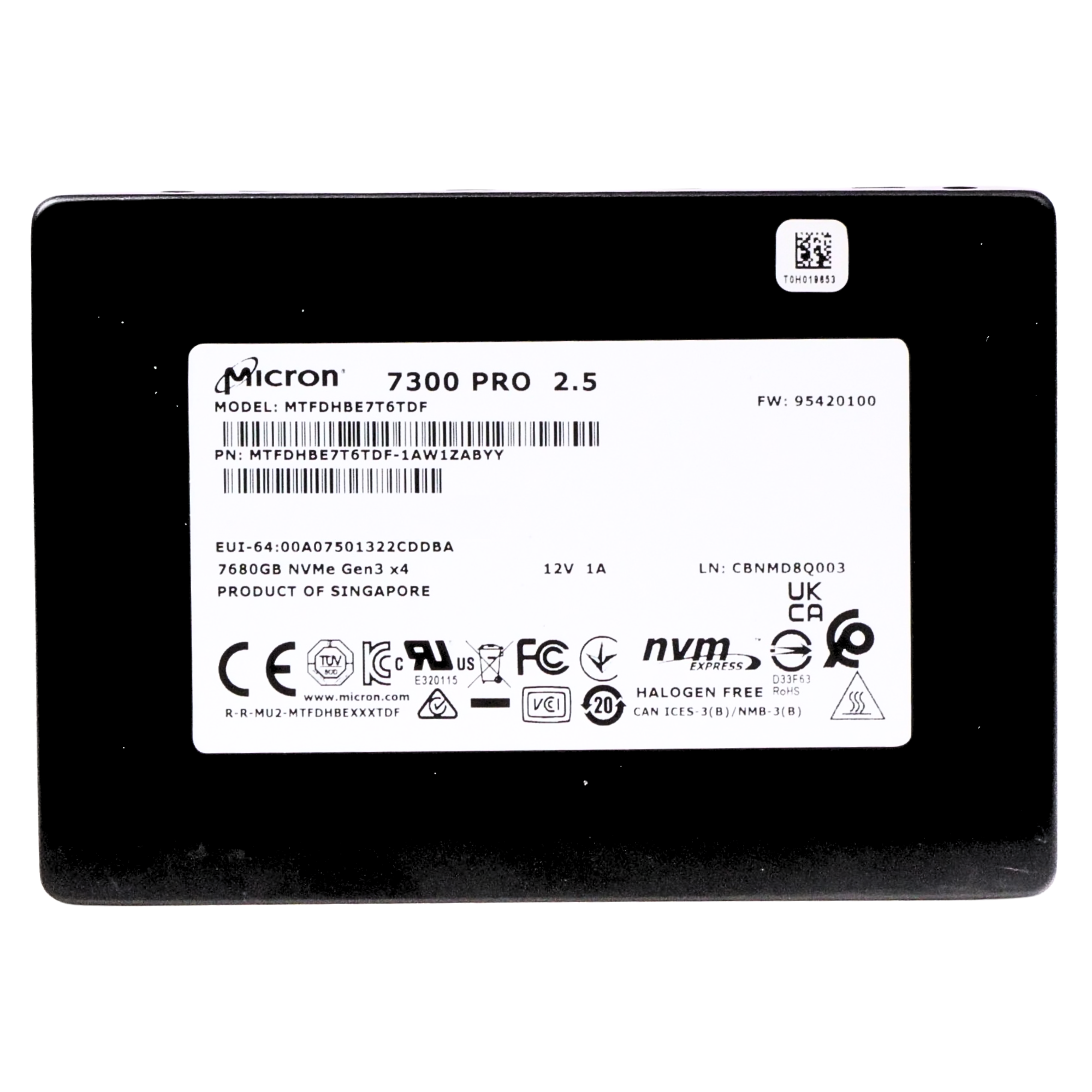 Micron 7300 PRO MTFDHBE7T6TDF 7.68TB 1 DWPD PCIe Gen 3.0 x4 4GB/s 3D TLC U.2 NVMe 2.5in Recertified SSD