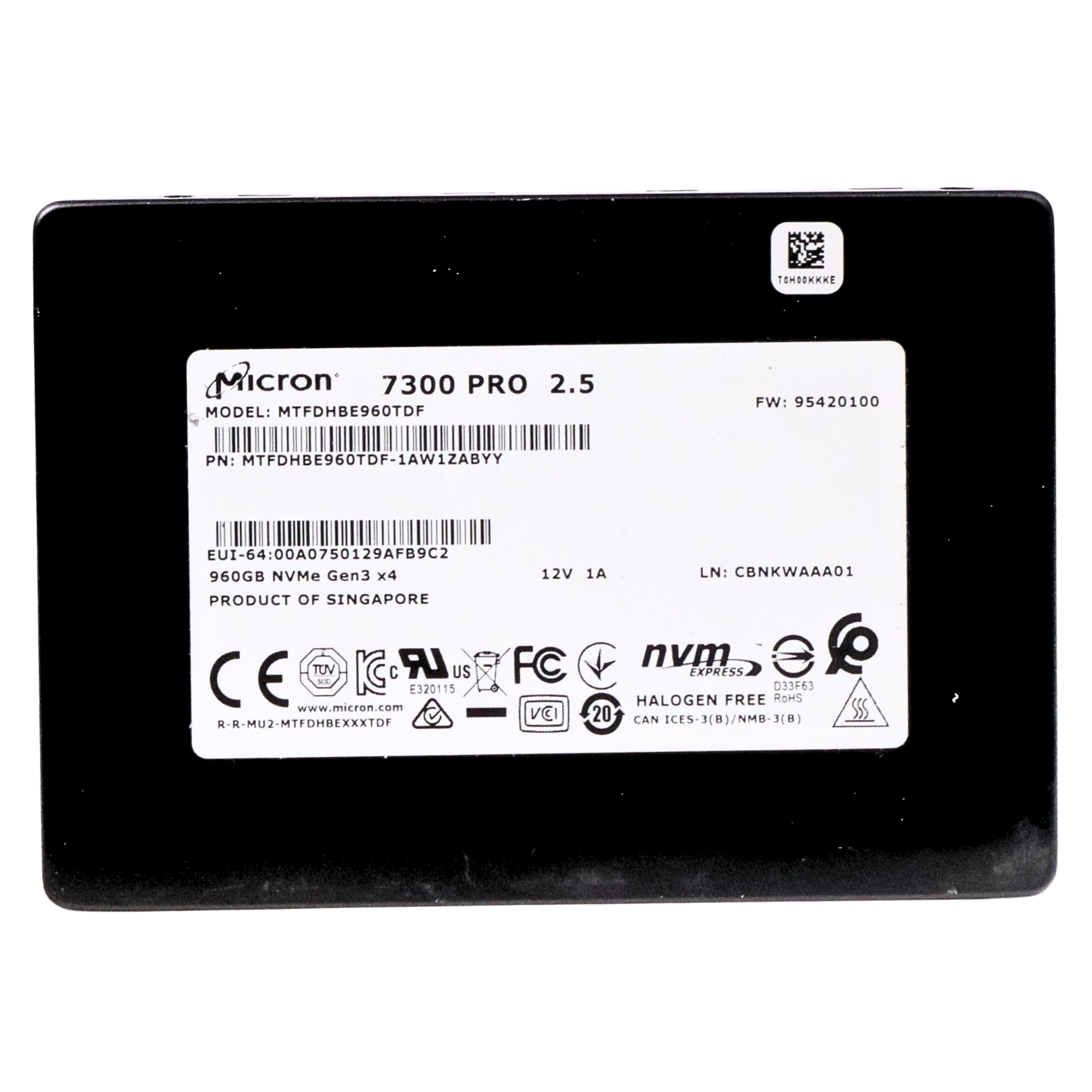 Micron 7300 PRO MTFDHBE960TDF 960GB 1 DWPD PCIe Gen 3.0 x4 4GB/s 3D TLC U.2 NVMe 2.5in SSD