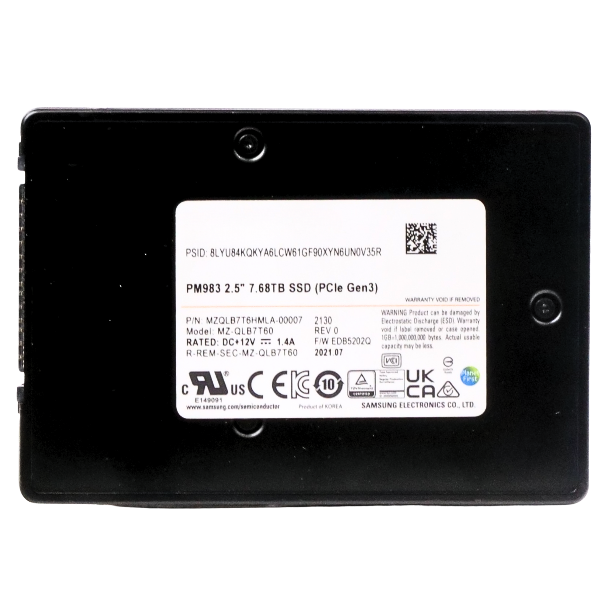 Samsung PM983 MZQLB7T6HMLA 7.68TB 1 DWPD PCIe Gen 3.0 x4 4GB/s U.2 NVMe 2.5in Refurbished SSD