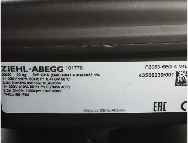 FB063-6EQ.4I.V4L ZIEHL-ABEGG Axial Fan 0.47/0.73kW 230V 2.3/3.2A 920/1030rpm