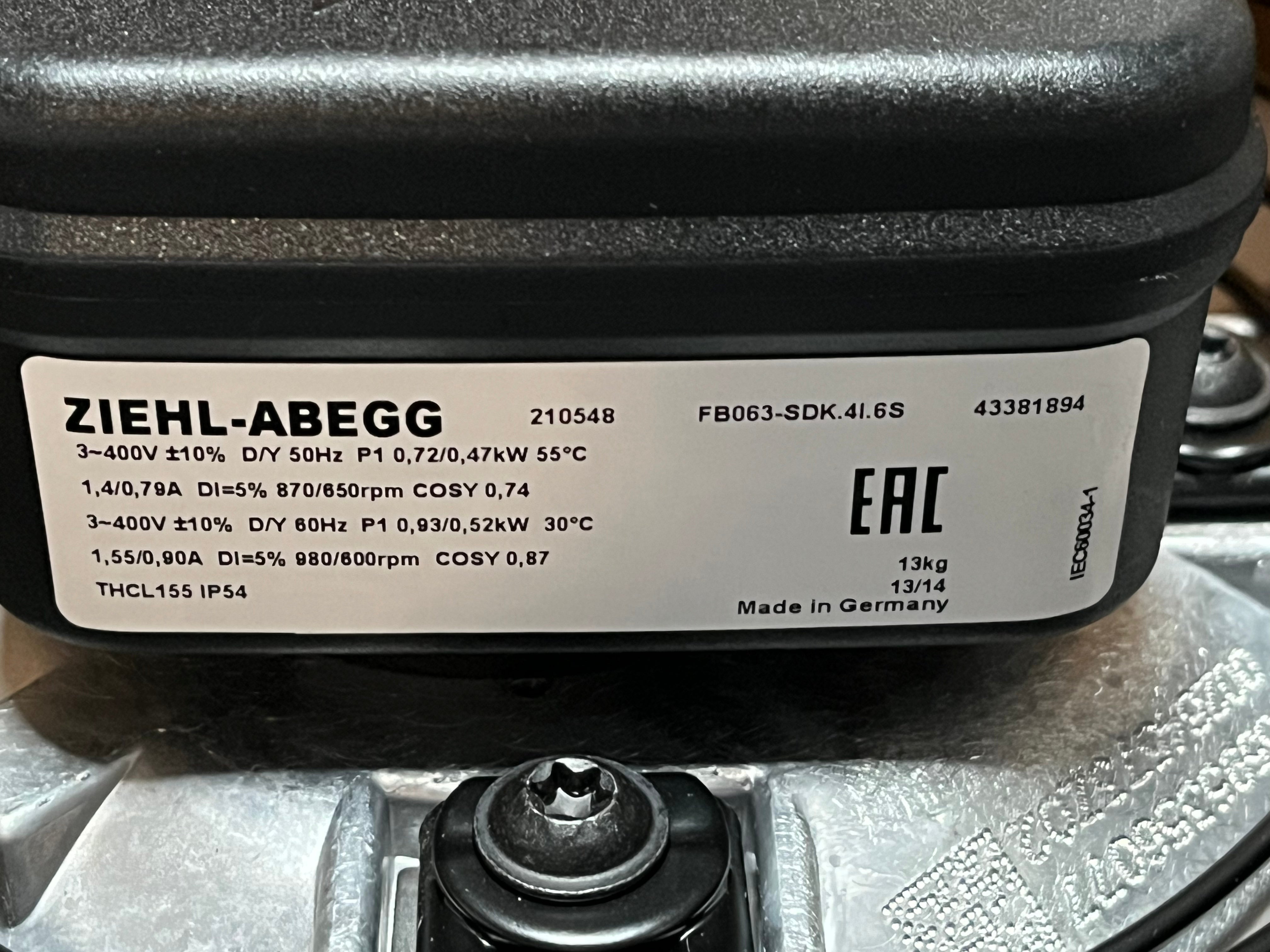 FB063-SDK.4I.6S ZIEHL-ABEGG Axial Fan 3~400V 0.93/0.47kW 1.55/0.79A 980/600rpm