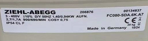 FC080-SDA.6K.A7 ZIEHL-ABEGG Axial Fan 3~400 V 1.40/0.94 kW 2.7/1.7A 900/690 rpm
