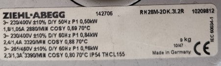 RH28M-2DK.3I.2R ZIEHL-ABEGG centrifugal fan 0.86W 3-460V 1.3A 3280rpm