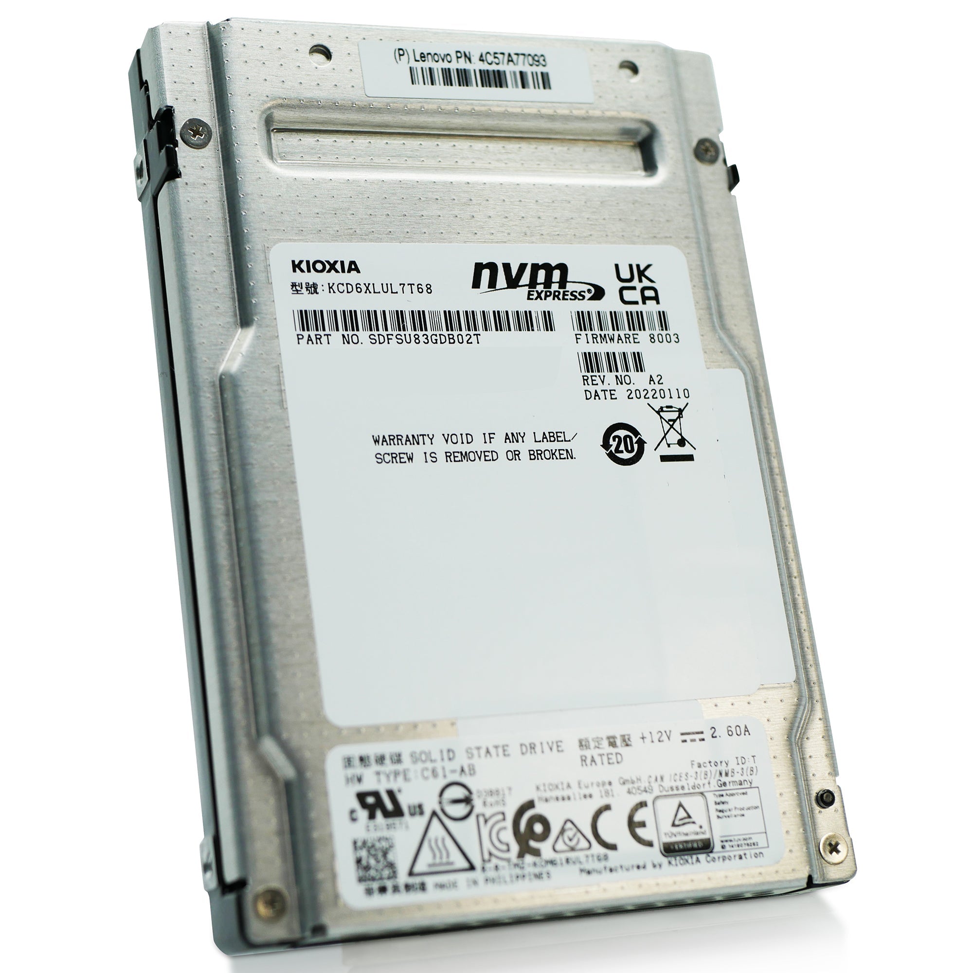 Kioxia CD6-R KCD6XLUL7T68 7.68TB 1 DWPD PCIe Gen 4.0 x4 8GB/s U.3 NVMe 2.5in Solid State Drive