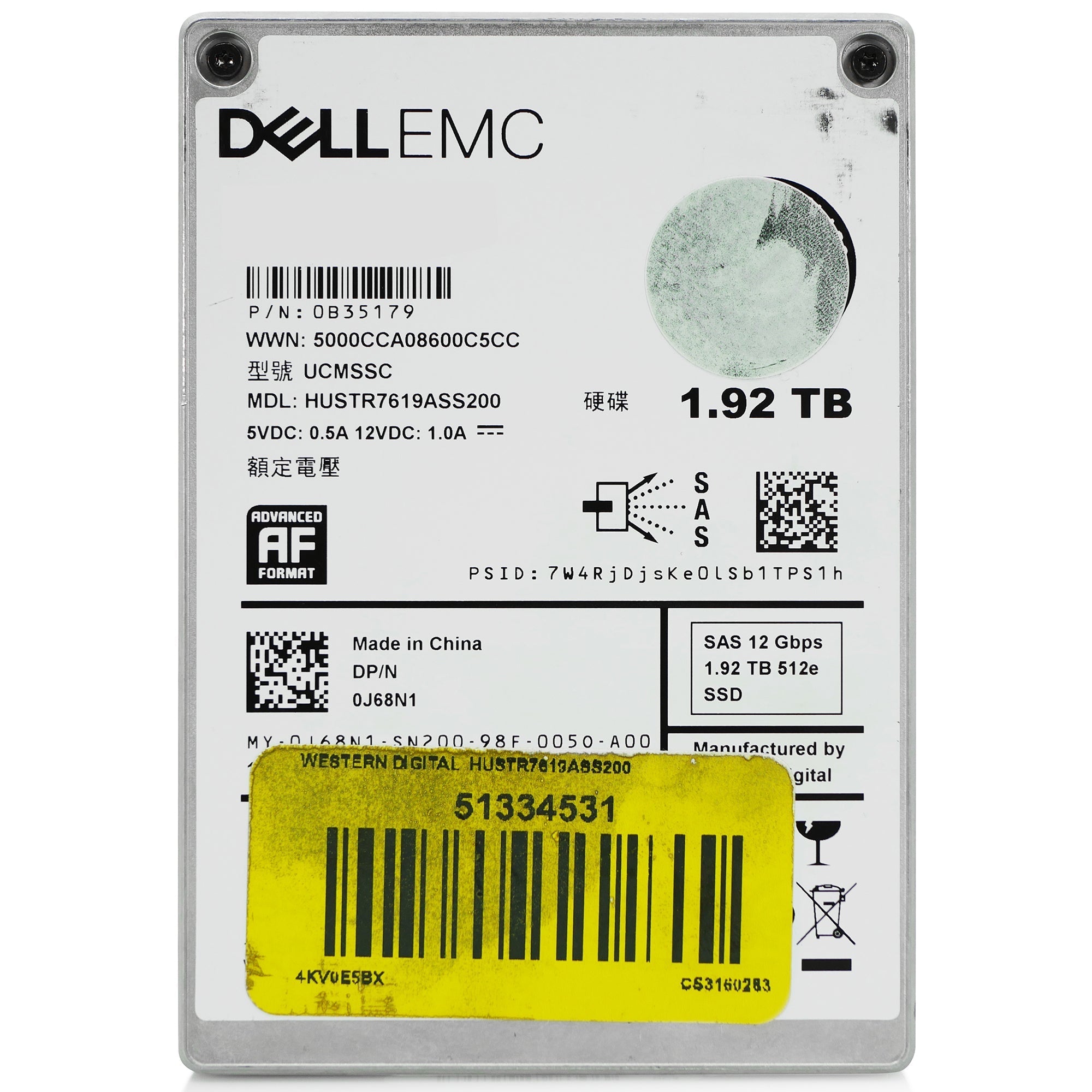 Dell/Western Digital Ultrastar DC SS200 HUSTR7619ASS200 0B35179 1.92TB 1 DWPD SAS 12Gb/s MLC 2.5in Refurbished SSD