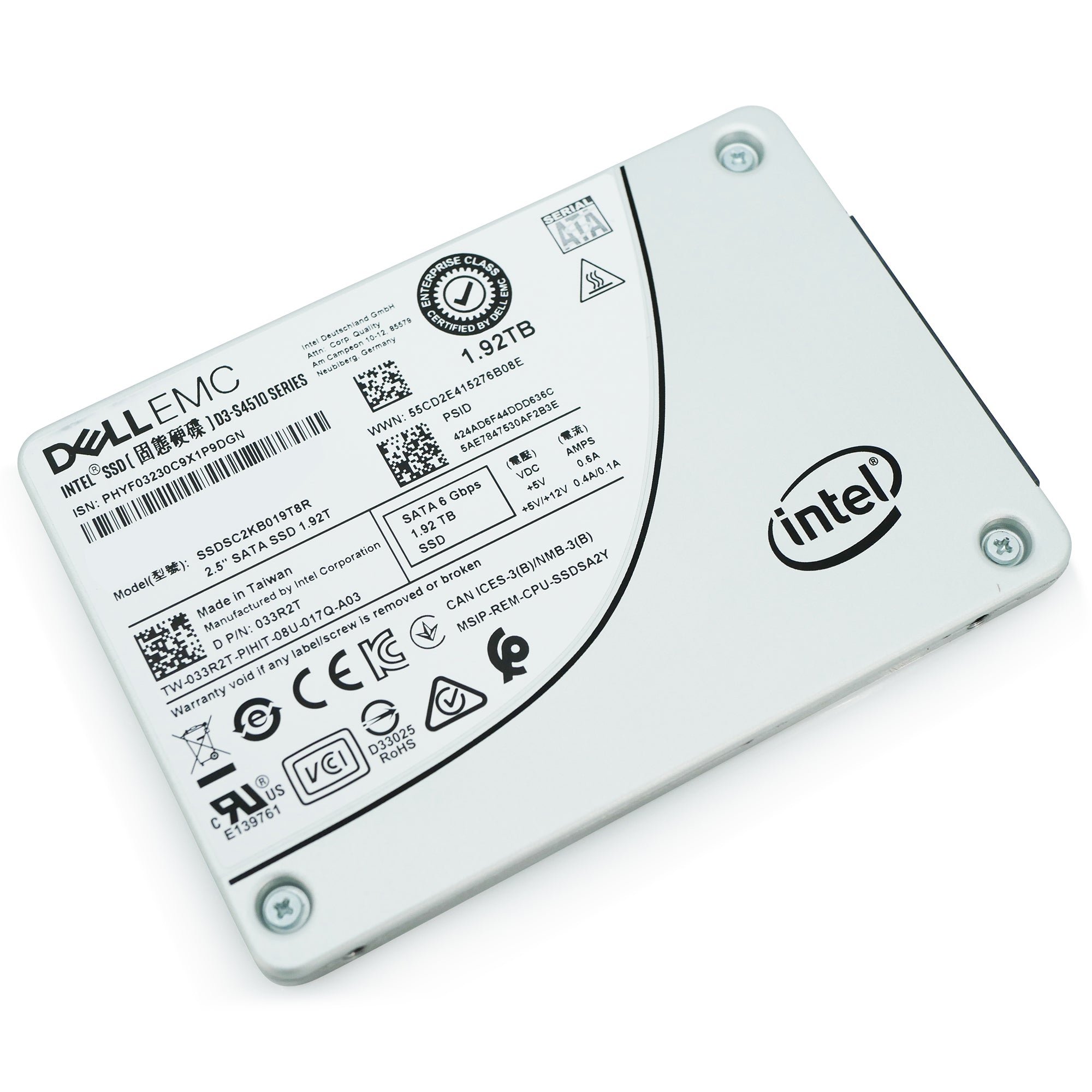 Dell/Intel D3-S4510 SSDSC2KB019T8R 1.92TB SATA 6Gb/s 3D TLC 2.5in Refurbished SSD