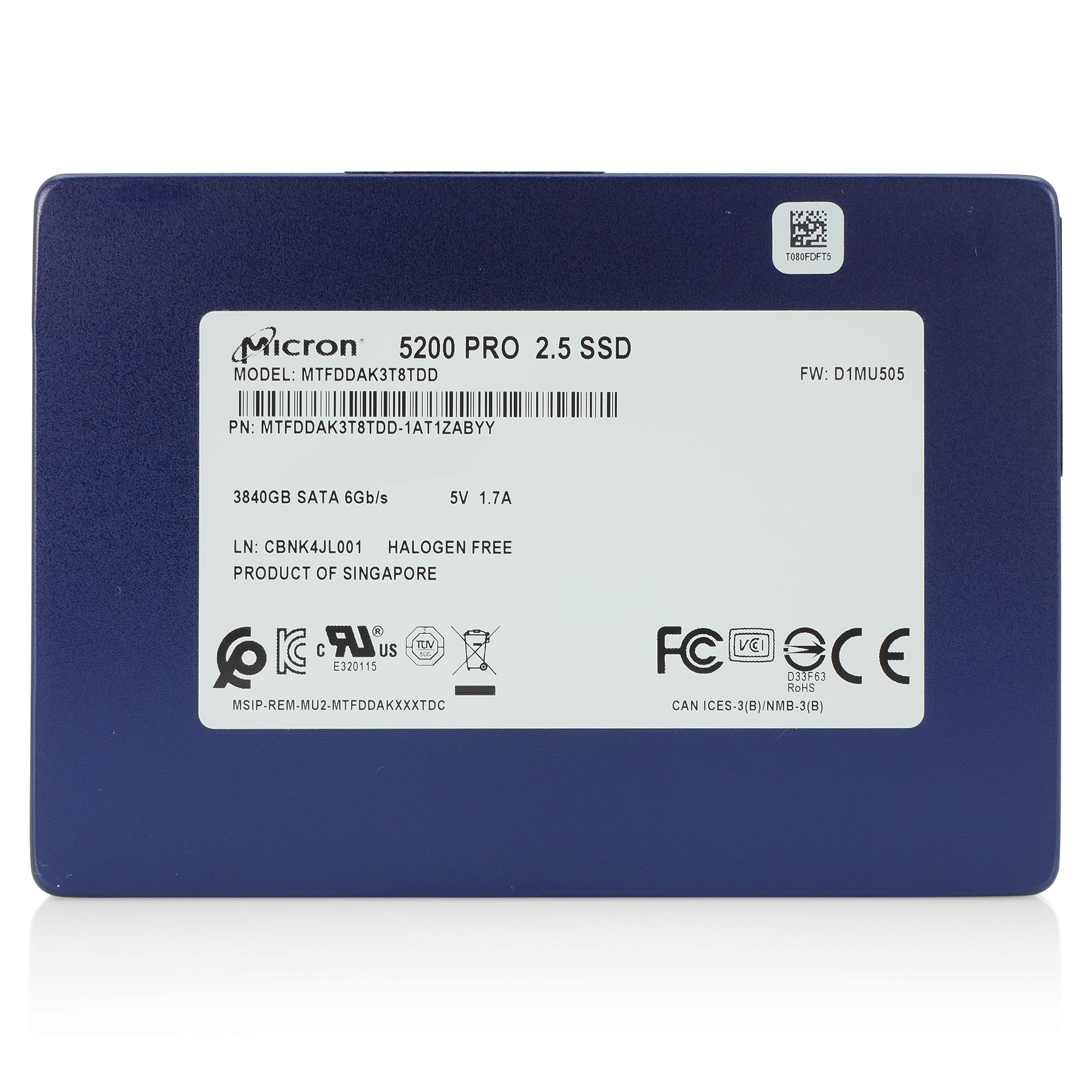 Micron 5200 Pro MTFDDAK3T8TDD 3.84TB SATA 6Gb/s 3D TLC 2.5in Refurbished SSD